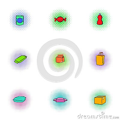 Packaging icons set, pop-art style Vector Illustration