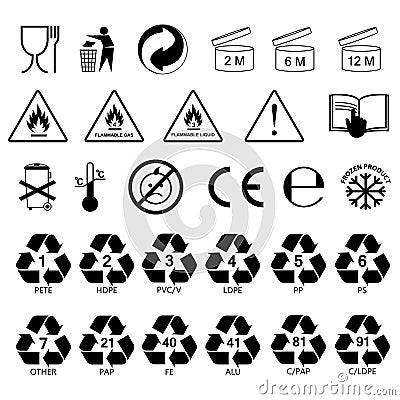 Packaging information label icons, packaging label symbols, labels. Vector Illustration