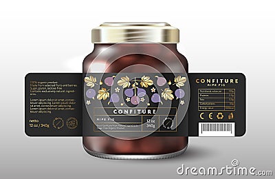 Fig confiture. Sweet food. Black label with Figs, gold leaves and small flowers. Vector Illustration