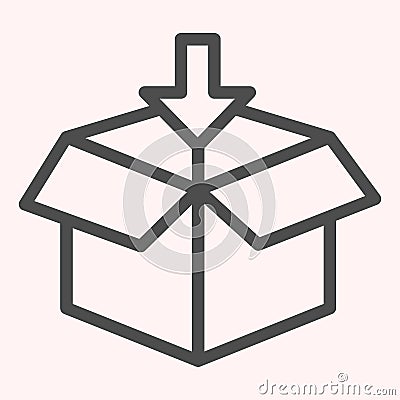 Packaging line icon. Opened parcel with arrow, loading, paper box. Postal service vector design concept, outline style Vector Illustration