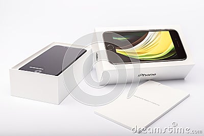 Packaging of the new iPhone SE 2020 from Apple Editorial Stock Photo