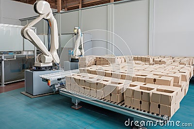 packaging and sorting robot, sorting boxes of different shapes and sizes into orderly stack Stock Photo