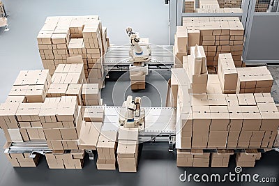 packaging and sorting robot, sorting boxes of different shapes and sizes into orderly stack Stock Photo