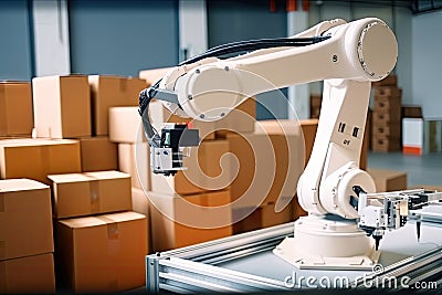 packaging and sorting robot working in busy warehouse, packaging goods for delivery Stock Photo