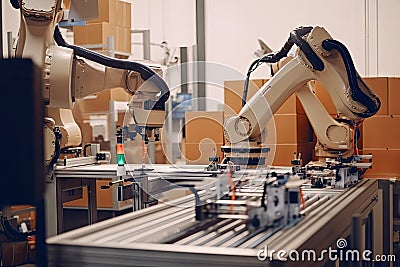 packaging and sorting robots, busy at work in factory, packaging products Stock Photo
