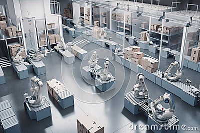 packaging and sorting robots working together to sort products in warehouse Stock Photo
