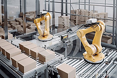 packaging and sorting robots working together to sort products in warehouse Stock Photo