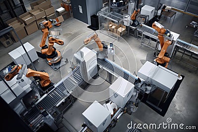 packaging and sorting robots working together to swiftly and efficiently sort large quantities of packages Stock Photo