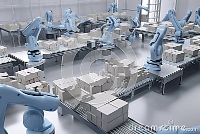 packaging and sorting robots working together to swiftly and efficiently sort large quantities of packages Stock Photo