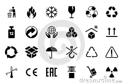 Packaging symbols. Cartoon shipping transportation and warning icons. Temperature, fragile and do not wet attention Vector Illustration
