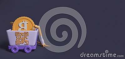 Packaxe, mining cart with bitcoin and QR code icon, copy space Stock Photo