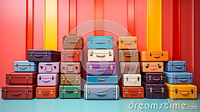 Packed colorful suitcases near color wall generative AI Stock Photo