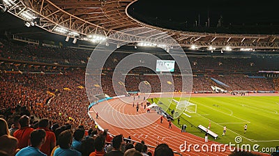 Packed with fervent fans, the stadium pulses with energy as athletes compete in a gripping sports event Stock Photo