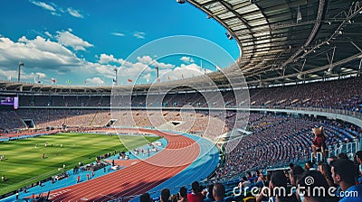 Packed with fervent fans, the stadium pulses with energy as athletes compete in a gripping sports event Stock Photo