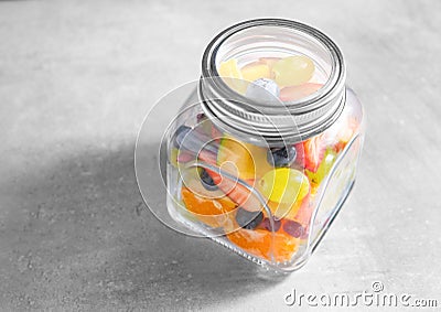 Packed fruit salad in glasses jar. Healthy meal to go Stock Photo