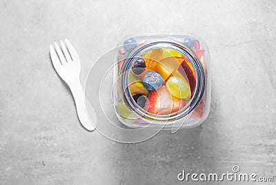 Packed fruit salad in glasses jar. Healthy meal to go Stock Photo