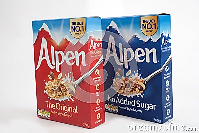 A packet of Alpen Original and Alpen no added sugar Swiss style muesli Editorial Stock Photo