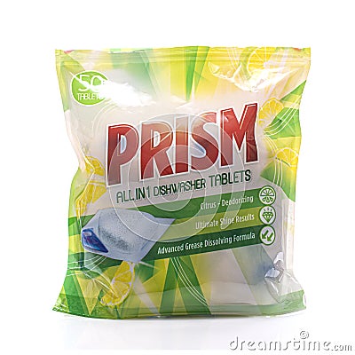 Packet of Prism all in one dishwasher tablets on a white background Editorial Stock Photo