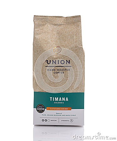 Packet of Union Timana Columbia Hand Roasted Ground Coffee with notes of Plum, Orange blosom and maple syrup - Cafetiera Grind Editorial Stock Photo