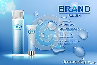 Packing cosmetic after shave cream and shaving foam with a logo on blue water background with drops. Vector illustration Vector Illustration