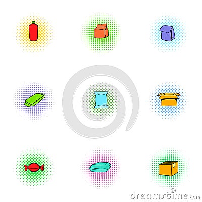 Packing icons set, pop-art style Vector Illustration