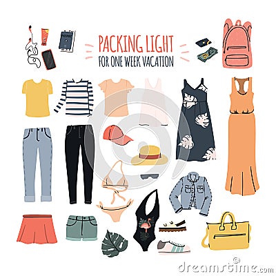 Packing light for one week vacation. Set of female clothes for summer trip. Travel carry on luggage - pants and jeans Vector Illustration