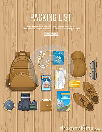 Packing list. Preparing for vacation, travel, journey. Travel planning. Wooden table with baggage, air tickets, passport, phone. Vector Illustration