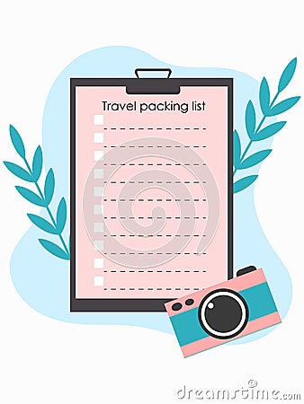 Packing list, travel planning concept. Preparing for vacation, travel, travel, trip. Notebook sheet with camera, palm Vector Illustration