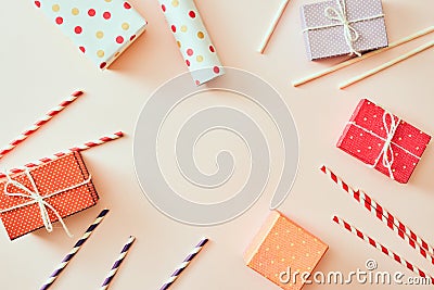 Christmas background with gift boxes, clews of rope, paper`s rools and decorations on white Stock Photo