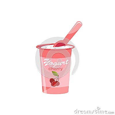 Packing yogurt with a teaspoon. Cherry flavored yogurt. Vector illustration Cartoon Illustration