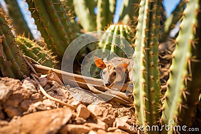 packrat next to its stick and cactus thorn nest Stock Photo