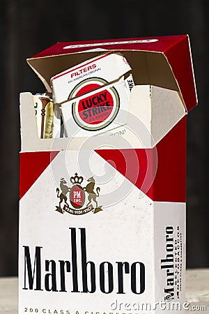 Packs of different cigarette brands photographed on March 25, 2017 in Prague, Czech republic. Editorial Stock Photo