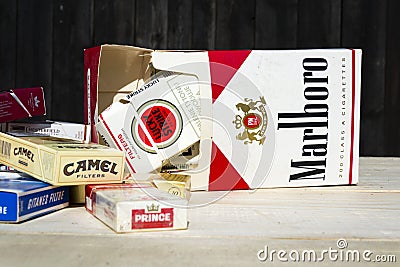 Packs of different cigarette brands photographed on March 25, 2017 in Prague, Czech republic. Editorial Stock Photo