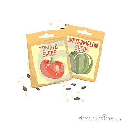 Packs of tomato and watermelon seeds cartoon vector Illustration Vector Illustration