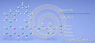 pacritinib molecule, molecular structures, c28h32n4o3 3d model, Structural Chemical Formula and Atoms with Color Coding Stock Photo