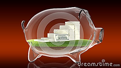 Pacs of money inside transparent piggy bank. 3d rendering Stock Photo