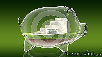 Pacs of money inside transparent piggy bank. 3d rendering Stock Photo