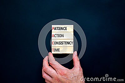 PACT patience action consistency time symbol. Concept words PACT patience action consistency time on blocks on black background. Stock Photo
