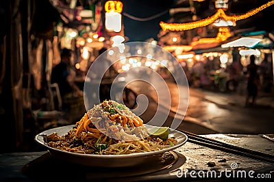 Pad Thai, a mouthwatering dish of fried noodles in a busy Thai night market Stock Photo