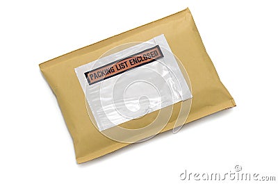 Padded envelope with label on white Stock Photo