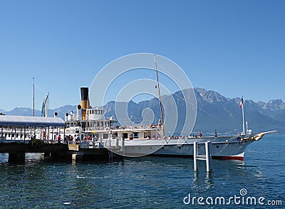 Paddle-wheel steam boat on Geneva Lake in Montreux city, Switzerland Editorial Stock Photo