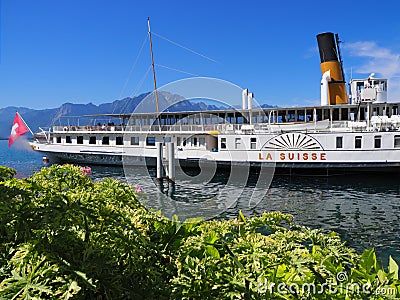 Paddle-wheel steam boat on Leman Lake in Montreux city in Switzerland Editorial Stock Photo