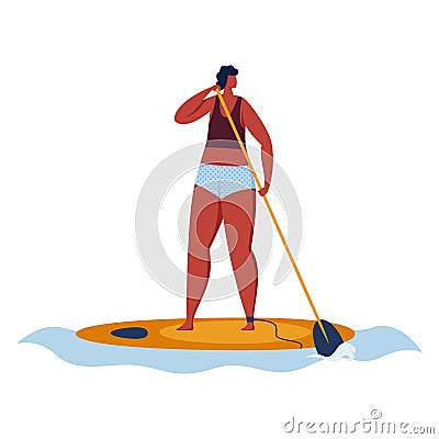 Paddleboard sport, woman surfing with cartoon paddle at board, isolated on white vector illustration. Surfer at summer Vector Illustration