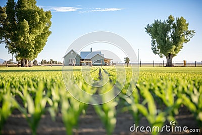 paddock with rows of corn and ranch in the distance Stock Photo
