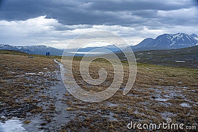 Padjelanta National Park Panorama Mountain landscape Wet Hiking Trail Stock Photo