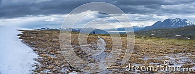 Padjelanta National Park Panorama Mountain landscape Wet Hiking Trail Stock Photo