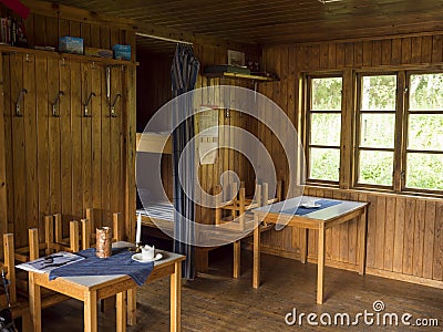 Padjelanta, Norrbotten, Sweden, Agust 15, 2021: wooden, cozy interior of the cottage STF Tarrekaise Mountain cabin on Editorial Stock Photo