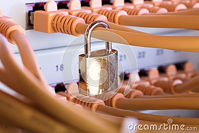 Padlock Attached To Network Cable In Server Room Stock Photo