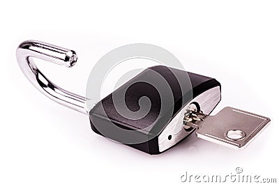 Padlock Black With Key - Isolated On White Background Stock Photo