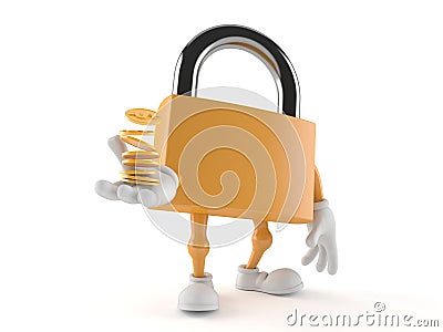 Padlock character with coins Stock Photo